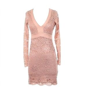 Guess Lace Floral Midi Dress Nude Pink V Neck Long Sleeve Elegant Size Small